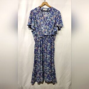 Vintage Rebecca Stuarte Floral Dress Women's XL Blue Boho Retro 90s Cottagecore